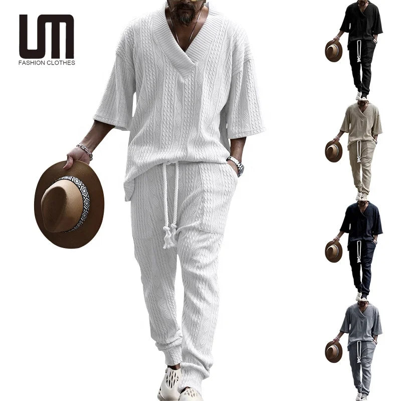 Liu Ming Hot Selling Wholesale 2024 Summer Men Clothes Fashion V Neck Loose T Shirt Knitwear Trousers Two Piece Set