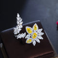 Silver Plated Shiny Cubic Zirconia Adjustable Leaf Flower Big Finger Ring for Women Party Engagement Jewelry Costume Accessories