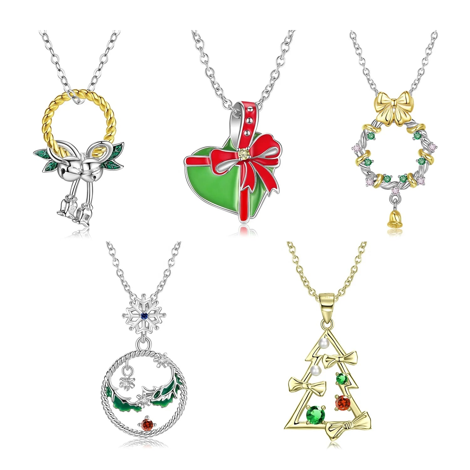 Bow-Knot Golden Christmas Tree Pendant Necklaces Jewelry Authentic 925 Sterling Silver Zirconia Pendant for Women Jewelry Gift
