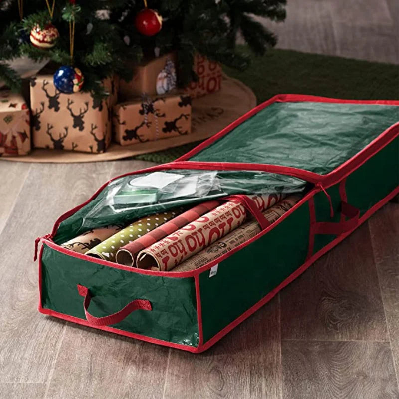 High Capacity Christmas Wrapping Paper Gift Wrap Organizer Box Cross Border Holiday Under-Bed Storage Bag with Reinforced Handle