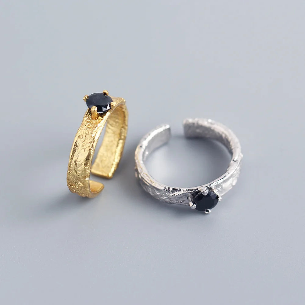 New Unique Design S925 Sterling Silver Black Zircon Resizable Irregular Ring for Women Jewelry TYJ0301