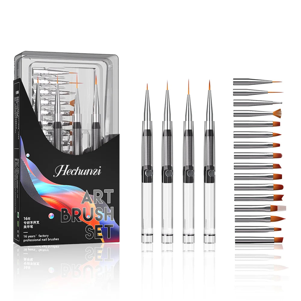 Professional 20pcs Multifunction Replace Head 4pcs Retractable Acrylic Handle Nylon Hair Liner Brush UV Gel Nail Brush Set