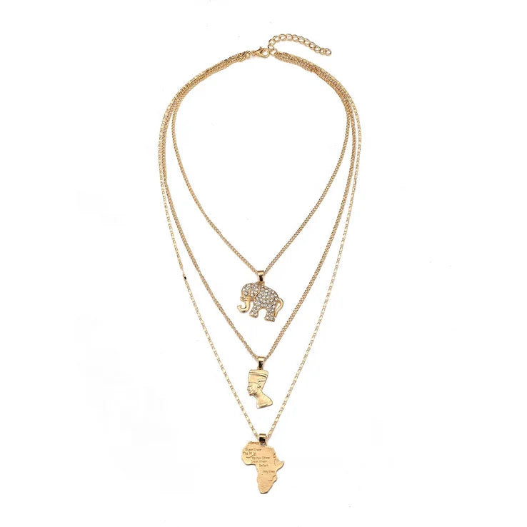 Classic Multi Layer Gold Plated Necklace Simple Elephant Africa Map Pendant Necklace Women Fashion Jewelry Necklace Wholesale