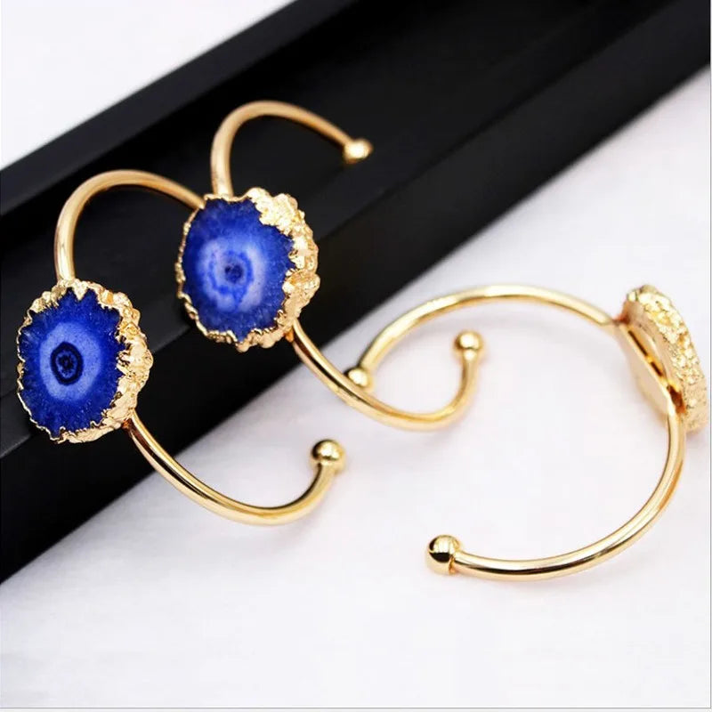 Party Wear Personalized Natural Multi Colors Druzy Agate Geode Quartz Open Cuff Bracelet Gold Silver Plated Designer Bracelets