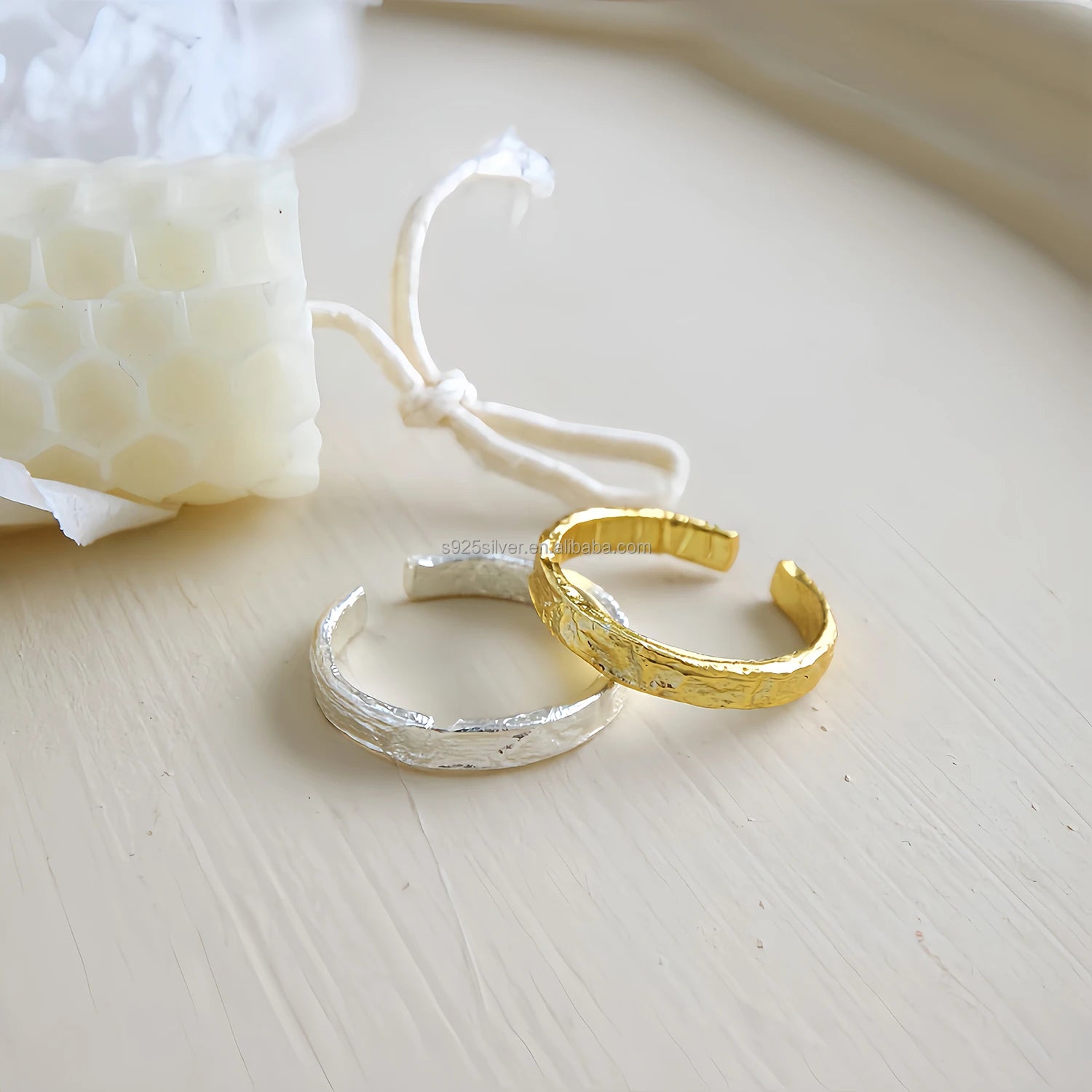 Minimalist Vintage Irregular Gold Plated Raw Foil Textured Ring 925 Sterling Silver Adjustable Open Band or Ring for Women