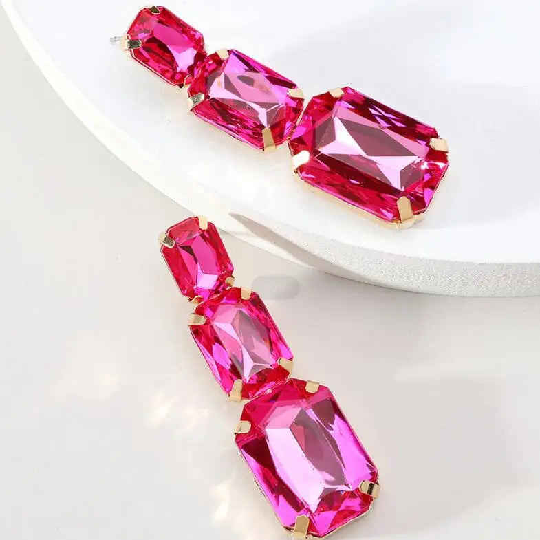 Kaimei 2025 Earring 6 Colors Clear Crystal Jewelry Geometric Bridal Gemstone Earrings for Women Rosy Wedding Gold Drop Earrings