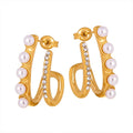 ERESI French Style Zircon Stud Earrings Women Luxury 18K Gold Plated Stainless Steel Double CC Shaped Pearl Earrings for Girls