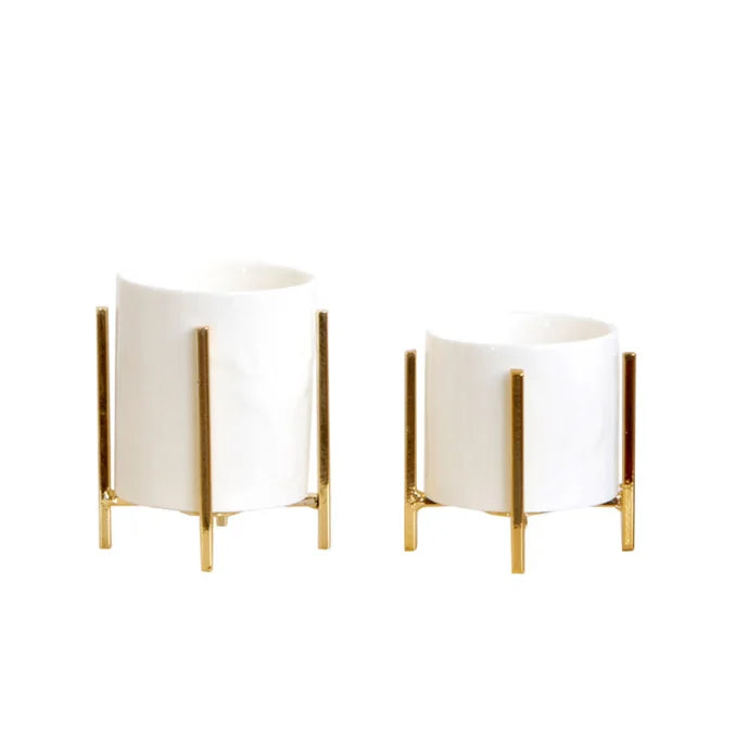 Nordic INS Modern Minimalist Style Hydroponic Flower Vase Desktop Ceramic Vase with Metal Stand Holder for Home Decoration