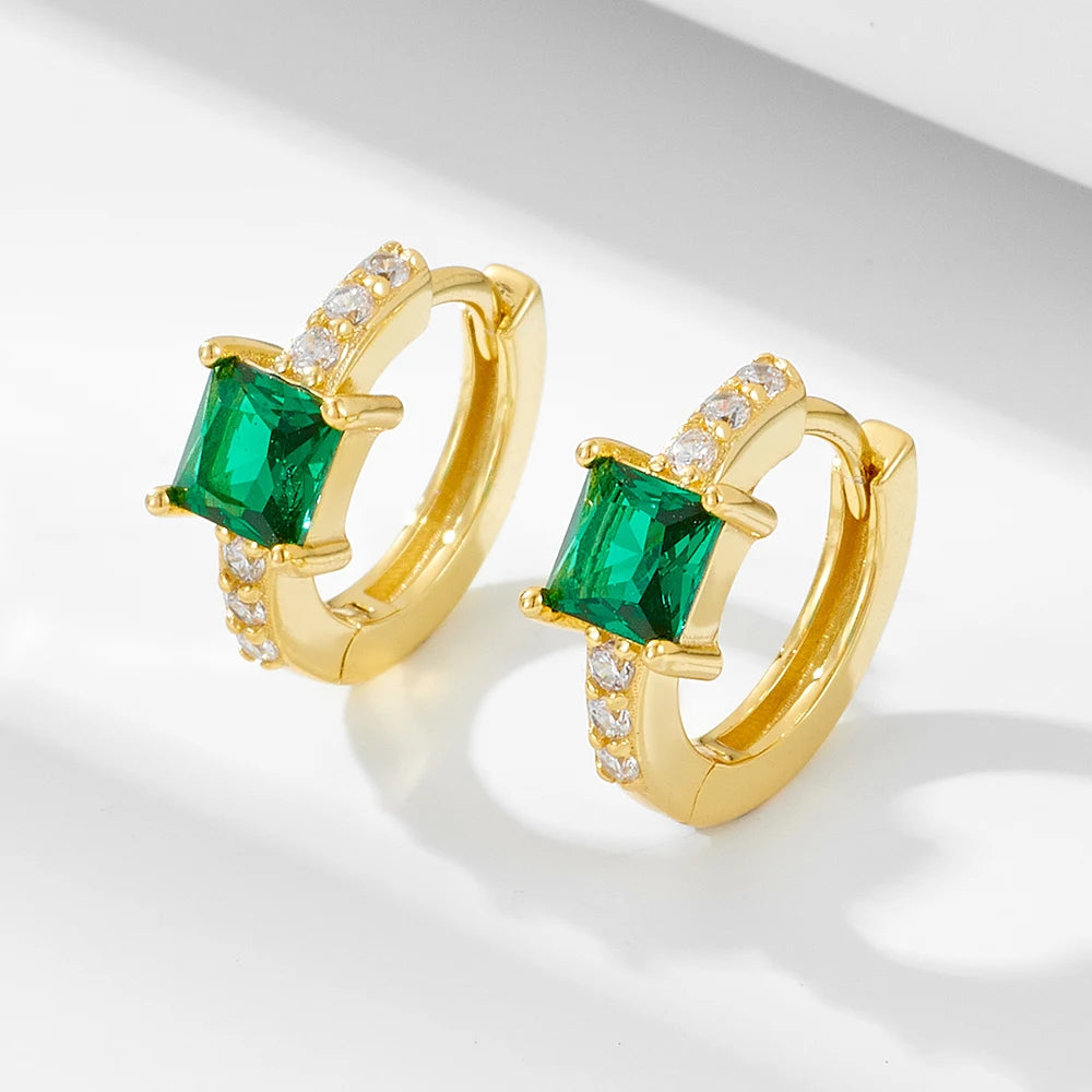 Aretes De Moda New Trendy Vintage S925 Sterling Silver Emerald Zircon Huggies Hoop Earrings Buckle Fine Jewelry for Women's Gift