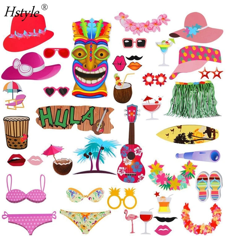 Tropical Luau Photo Booth Props Summer Time Hawaiian Pool Party Supplies Summer Photo Booth Props Kit PFB530