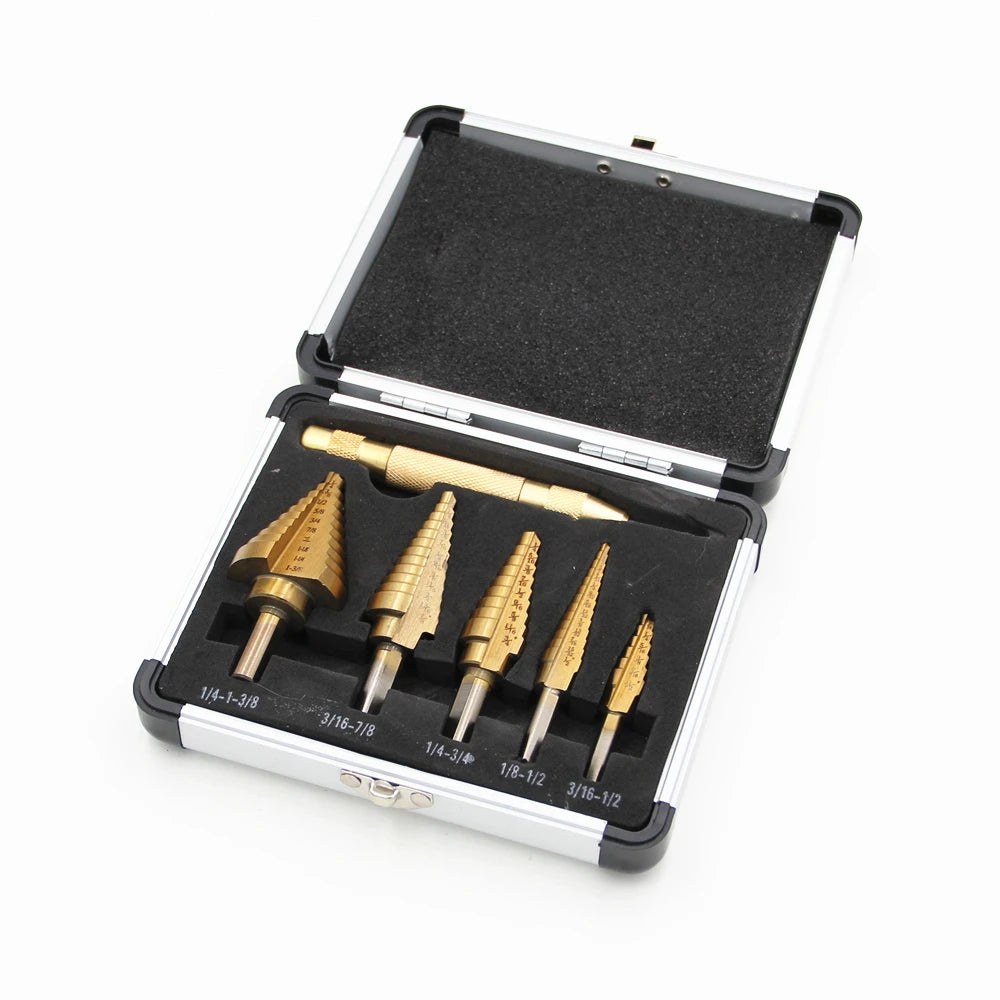 6-Piece Aluminum Box Titanium Plated English Triangular Shank Step Drill Center Punch Set MegaBDM