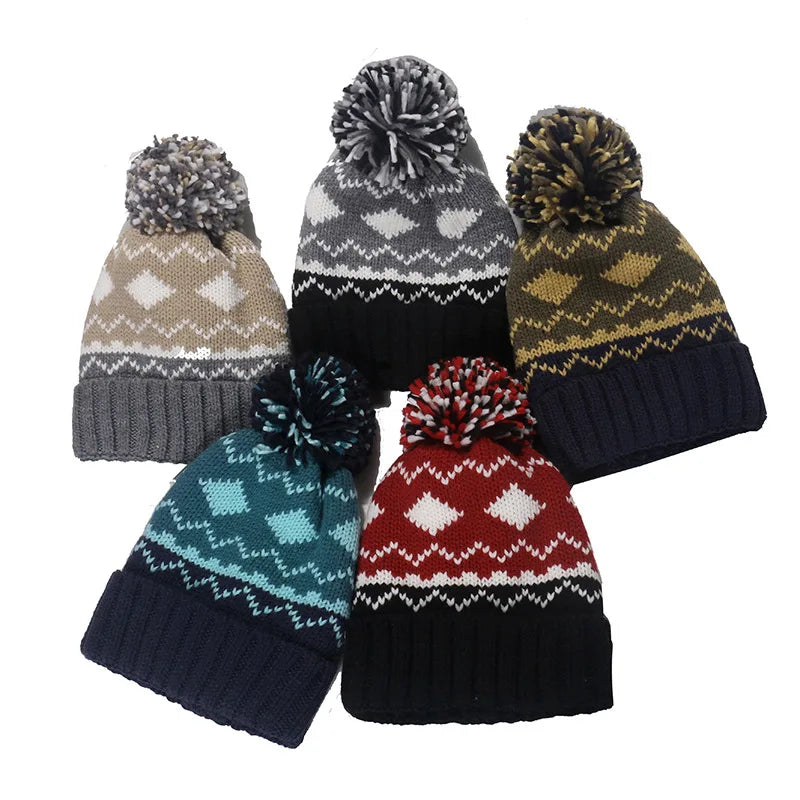 Fashion Custom Logo Printing Winter Hats Plush Wool Beanie With Pompom Woolen Warm Knit Hat With Hem Beanies