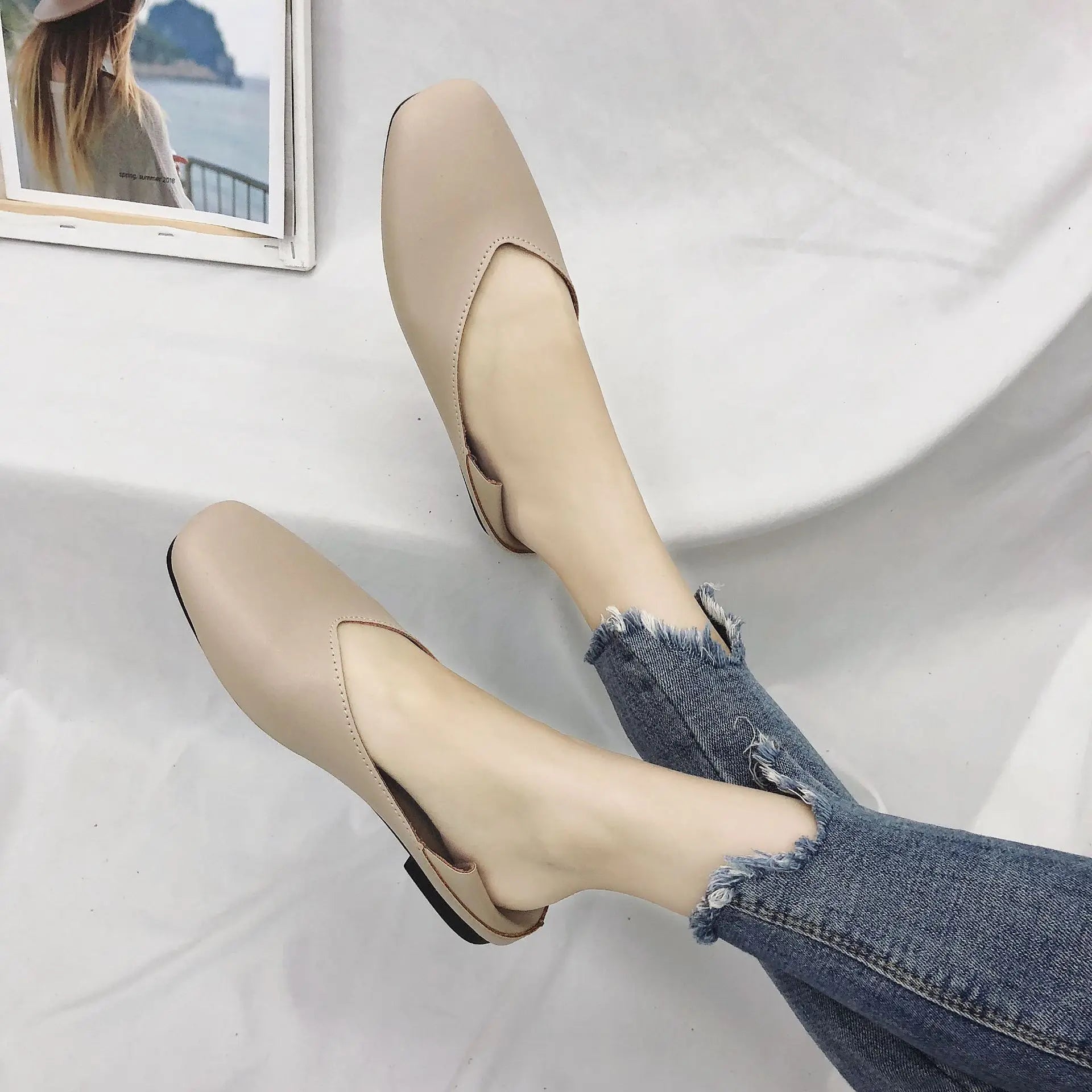Autumn New Women's Fashion Square-toed Flat Shoes Two-way Wear Half-drag Loafers Versatile and Suitable for Various Occasions