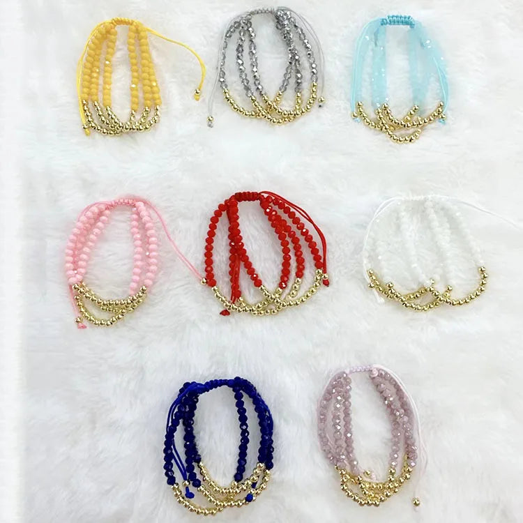 BM1119  Chic Boho Triple 3 Strand Layers Crystal Bead and Gold Ball Beaded Adjustable Bracelets