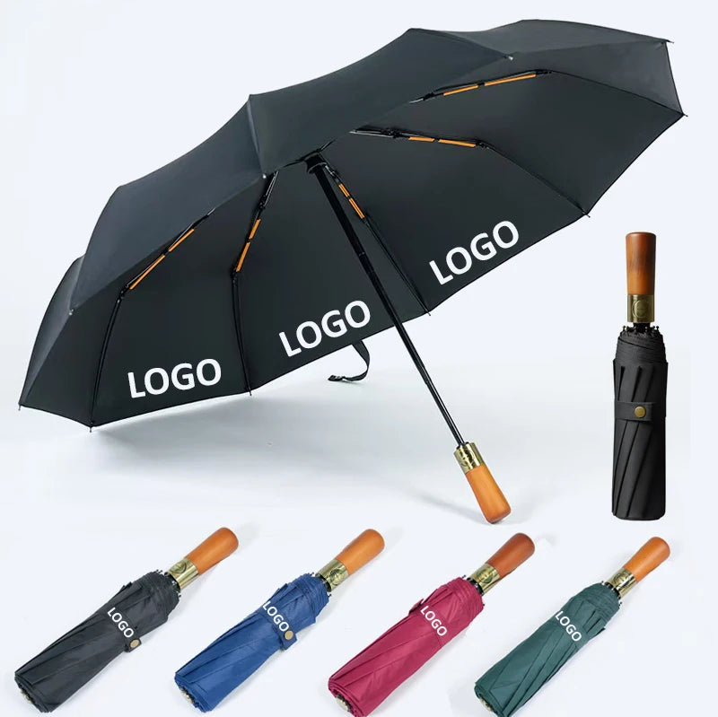 Parapluie 3 Fold Umbrella Automatic Custom logo Regenschirm Folding Custom Umbrella Printing Paraguas with Wood Design Handle
