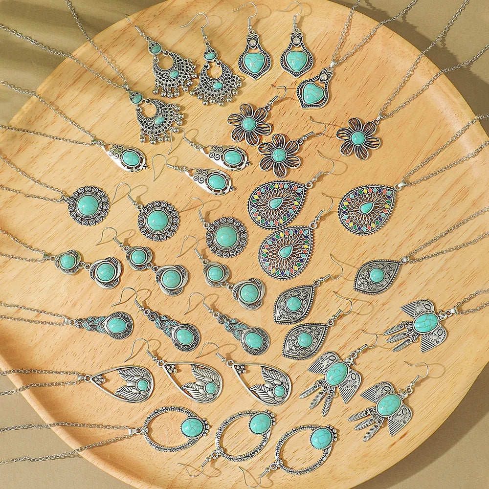 Classic Mother's Day Vintage Jewelry Set Gifts Fashion Indian Silver Plated Flower Turquoise Stone Necklace Earrings Set Women