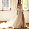 11906#Long Sleeves Gorgeous Bohemian Boat-Neck Open Back High Slit Satin Lace Off-Shoulder Wedding Dress Wedding Bridal Gown