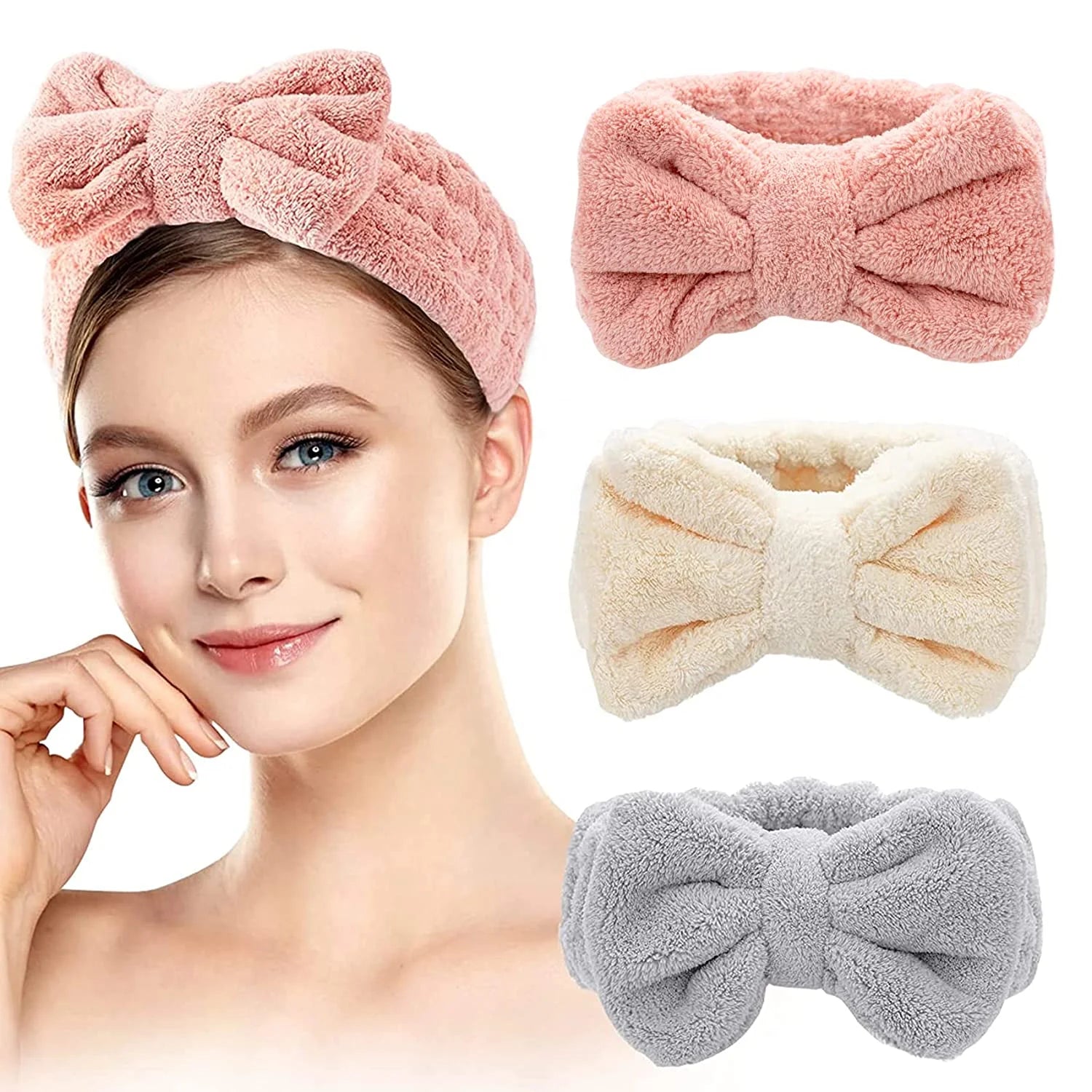 Customize Large Size Pink Coral Fleece Bow Tie Head Band for Women Facial Spa Shower Headband