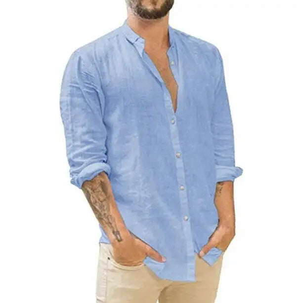 Men's Cotton Linen Cardigan Solid Color Casual Standing Collar Long Sleeved Button Down Shirts