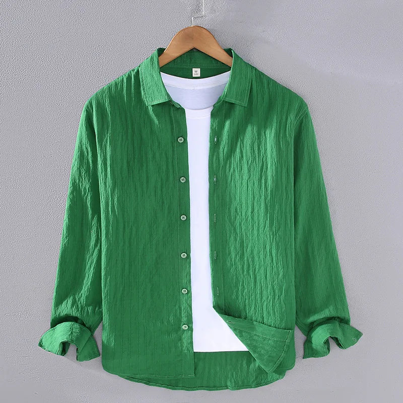 RNSHANGER Summer New Mens Long Sleeve Shirt Daily Casual Breathable Shirts Sun Protection Tops Lapel Texture Striped Shirt