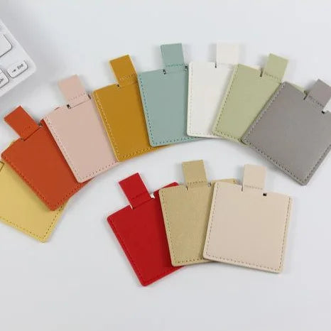 Portable Handheld Small Makeup PU Leather Mirror Square Stainless Steel Single Side Pocket Mirror for Promotions