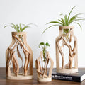 Pure Handwork Decorated Wooden Solid Flower Pot Glass Hydroponic Container Home Decorative Vase