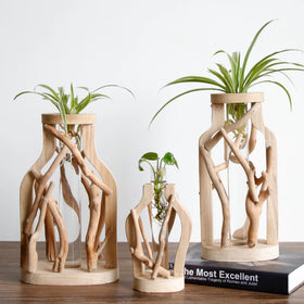 Pure Handwork Decorated Wooden Solid Flower Pot Glass Hydroponic Container Home Decorative Vase