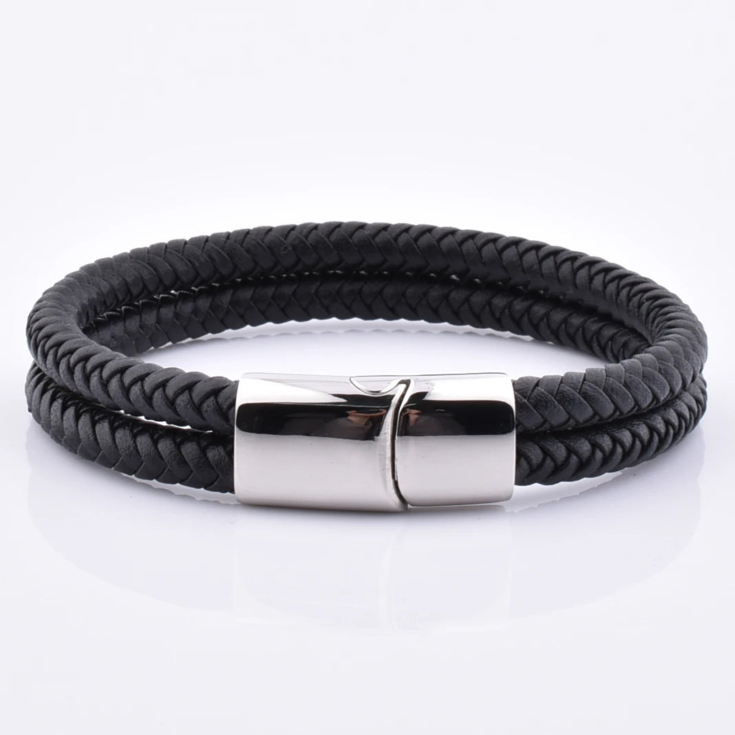 Custom Men Genuine Silver Stainless Steel Clasp Braided Leather Bracelets Men