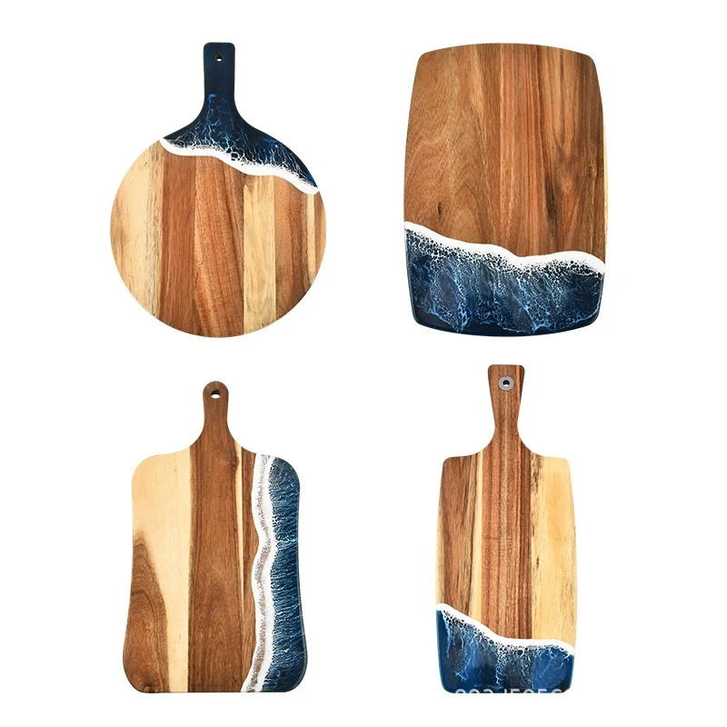 European Fruit Steak Cutting Board Wave Pattern Acacia Wood Rectangle Shape Dishwasher Safe Wooden Handle Wonderfulife WLB-630