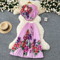 Ladies 2 Piece Set LW1392 Floral Stretch Pleated Top + A-Line Skirt Set - Women'S Fit Printed Skirt Two Piece Set for Ladies