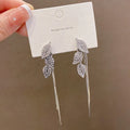 Trendy Bling Bride Wedding Earring Bling Diamond Cz Cubic Zircon Leaf Long Drop Earrings 925 Silver Plated Zircon Leaf Earrings