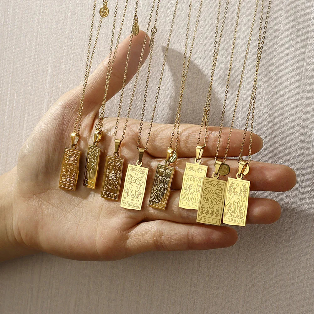 18K PVD Gold Plated Stainless Steel Necklace Square Charm Pendant Clavicle Chain Jewelry 12 Zodiac Tarot Necklace