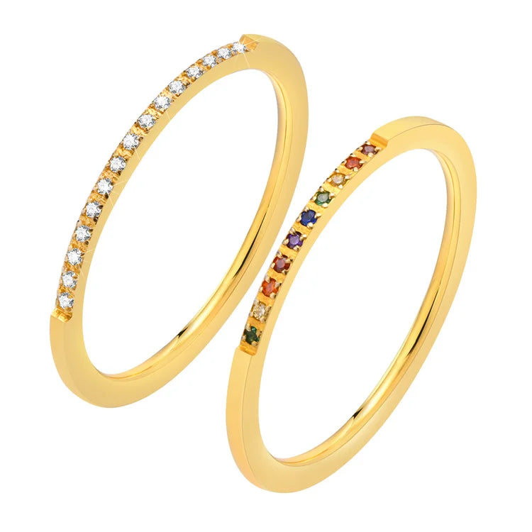 Fashion Gold Plated rainbow Color Zircon Charm Dainty Stainless Steel Thin Ring