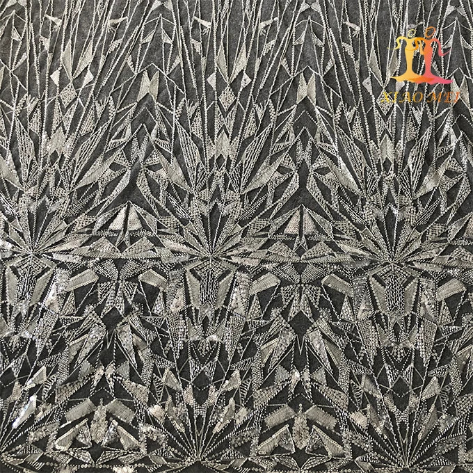 New Style 100% Polyester Eco-Friendly Mesh Fancy Sequin Embroidery Beaded Lace Fabric XM-BF0609