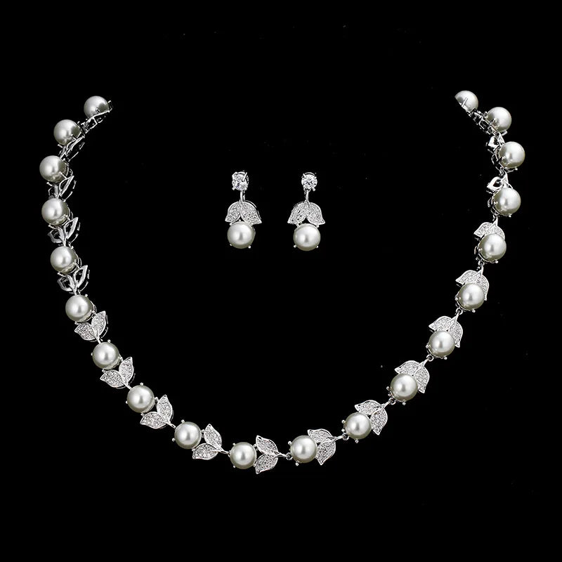 2022 New Shiny Crystal Wedding Jewelry Set Bridal Necklace Earrings Set Pearl Flower Zircon Jewelry Set for Women Girls