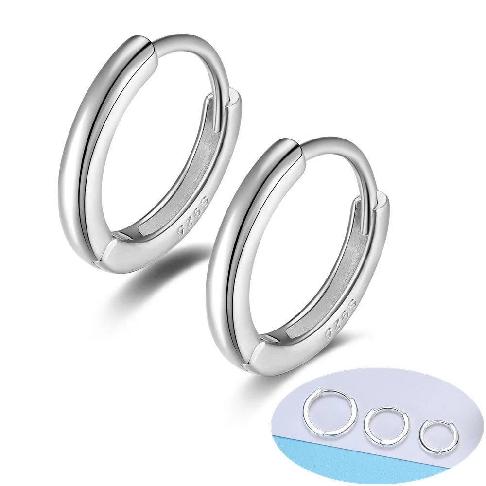 Simple NEW Wholesale 8mm 10mm 12mm 925 Sterling Silver Hoop Earrings Round Huggie Earring Hoops Woman Cartilage Earrings Jewelry