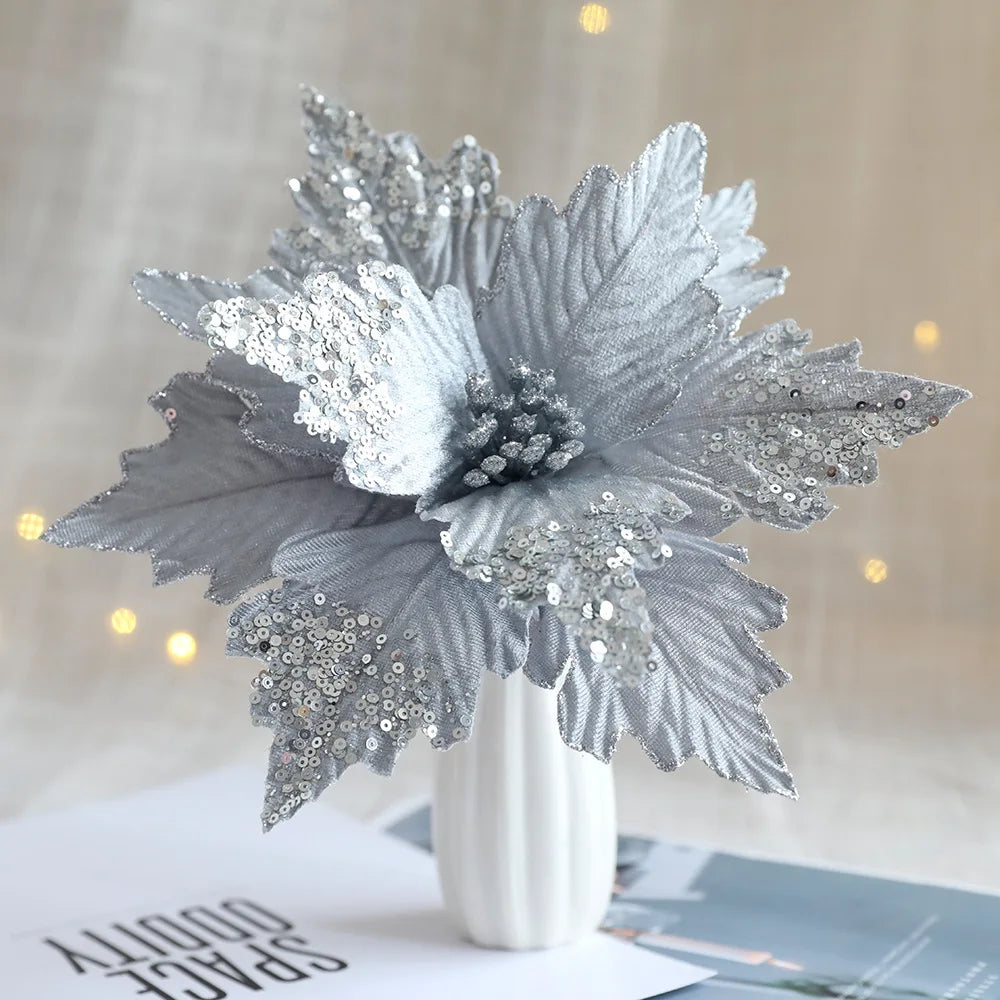 Hot Sale Silver Red Velvet Glitter 3D Christmas Tree Decoration Flower Head Artificial Christmas Flower