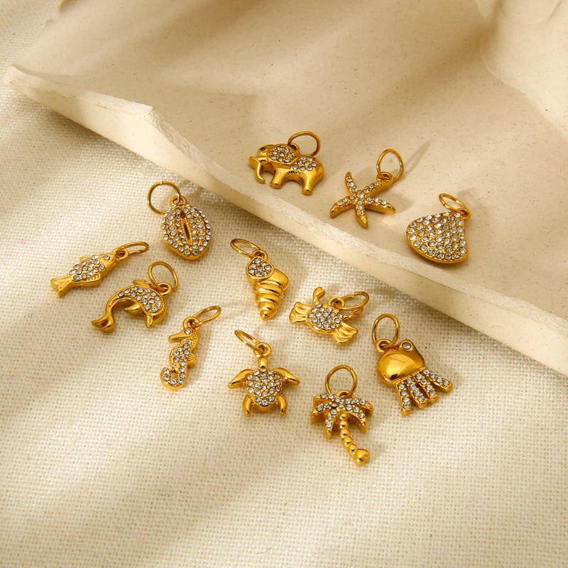 G4004 Wholesale Stainless Steel 18k Gold Plated Sea Animal Inlaid with Rhinestone Charms for Jewelry Making DIY Jewelry Pendant