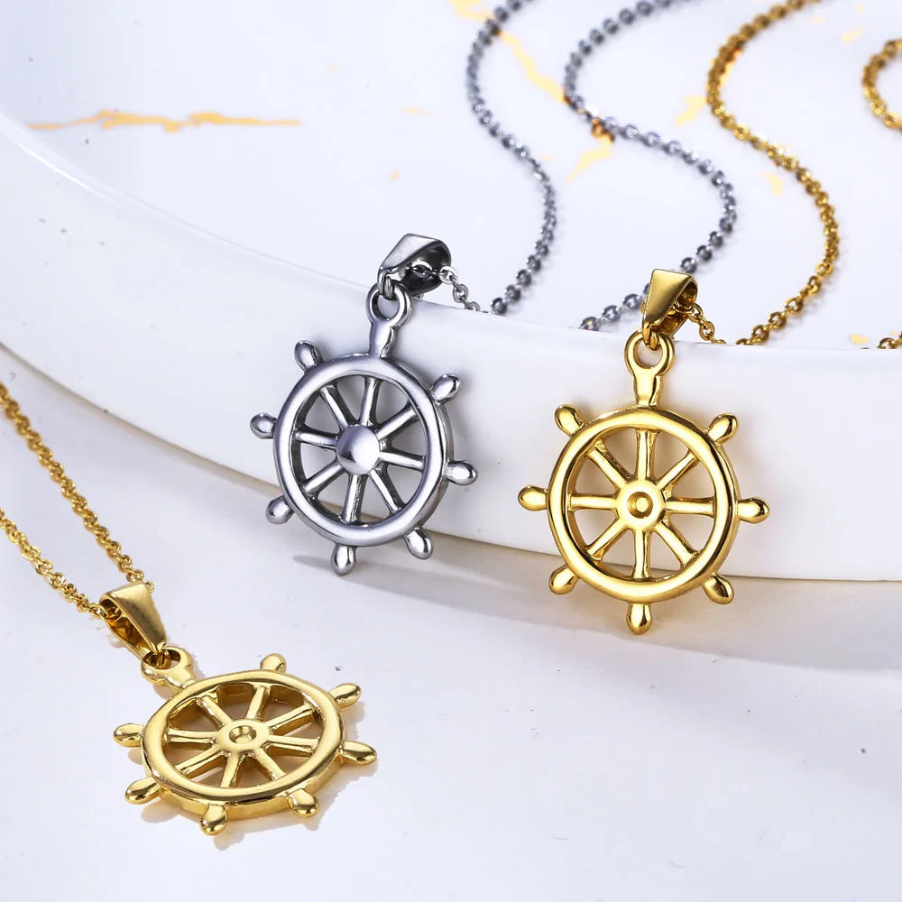 Punk Men Anchor Wheel Necklace Stainless Steel 18k Gold Plated Nauticals Ship Steering Wheel Pendant Compass Necklace
