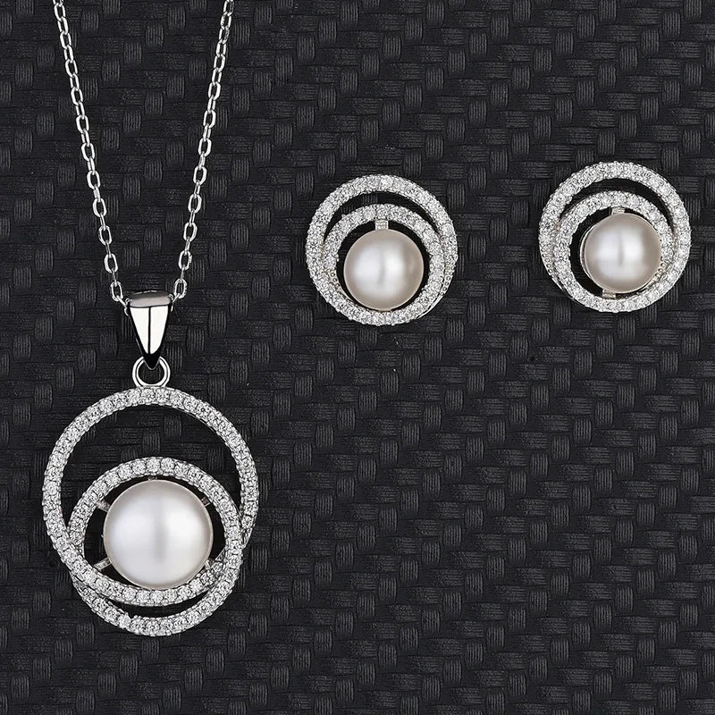 Custom Jewelry Cubic Zircon 3pcs Pearl Necklace and Earring Set 925 Sterling Silver Neckless and Earring Set for Women