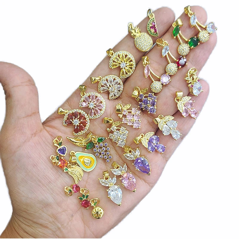 Dainty 18k Gold Plated CZ Stone Lemon Avocado Radish Grape Tropical Fruit CharmTiny Cubic Zirconia Cherry Banana Charm Pendant