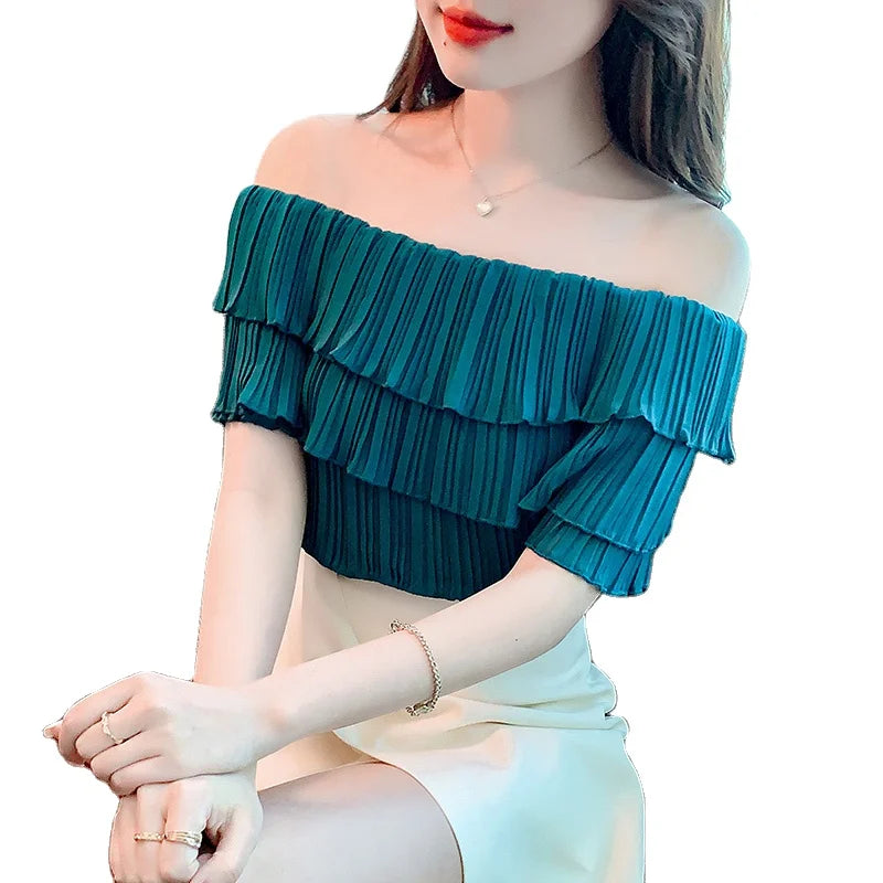 7146# Ladies Sweet and Romantic Blouses Tops Chic Ruffles Pleated Off-Shoulder Slash Neck Tops Women Korean Fashion Shirts