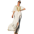 White Color Silk Feeling Short Sleeve Half Slit Button Front Embroidery Flower Rhinestone Decoration Abayah Islam Muslim Dress