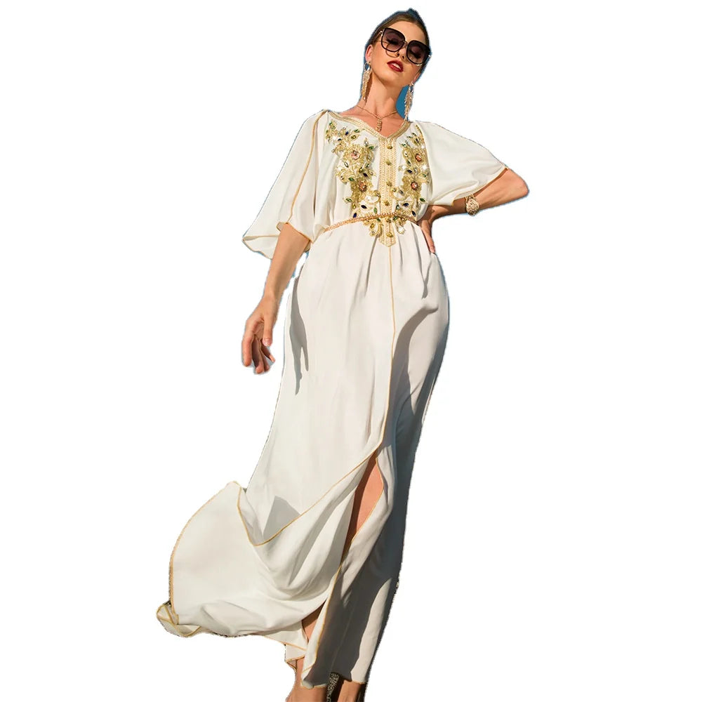 White Color Silk Feeling Short Sleeve Half Slit Button Front Embroidery Flower Rhinestone Decoration Abayah Islam Muslim Dress