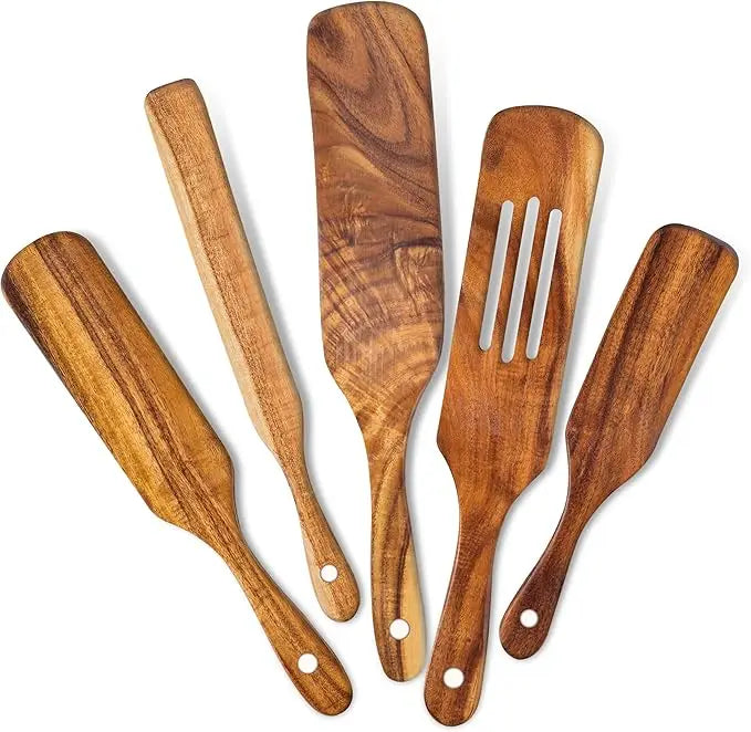 Wooden Spurtle Set of 5 Acacia Wood Utensils Heat Resistant Wooden Spoons Non-Stick Tool Sets for Kitchen