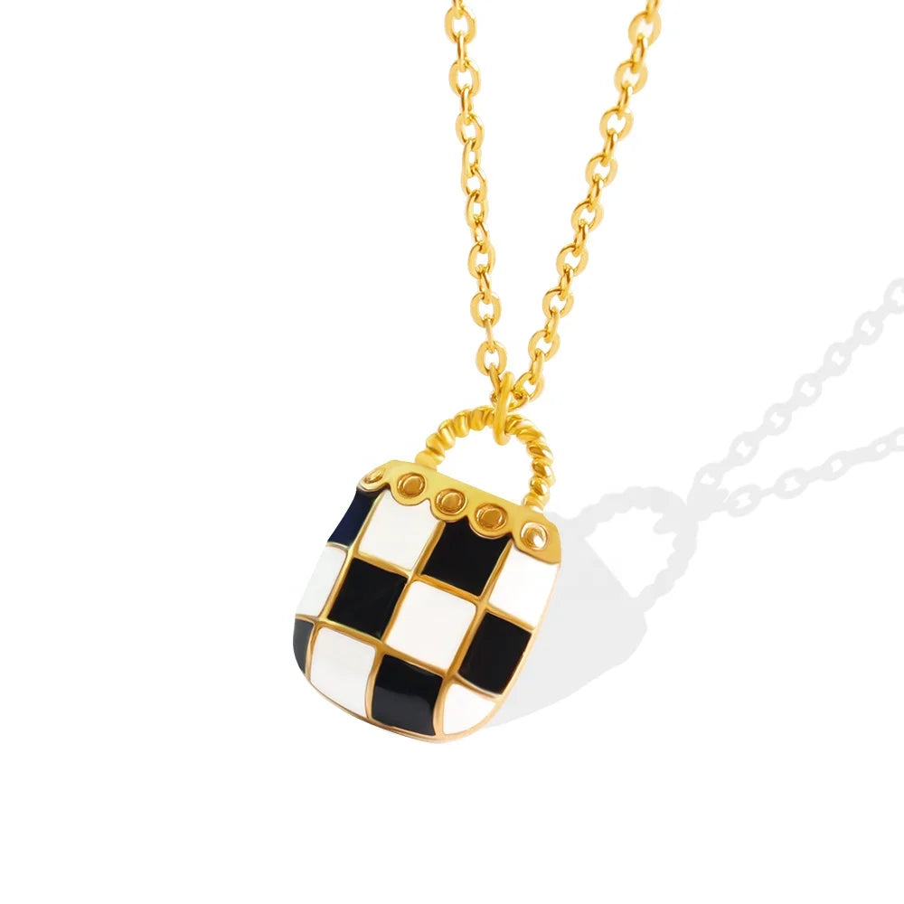 Eco-Friendly Black and White Plaid Pouch Pendant Necklace Stainless Steel Gold Plated