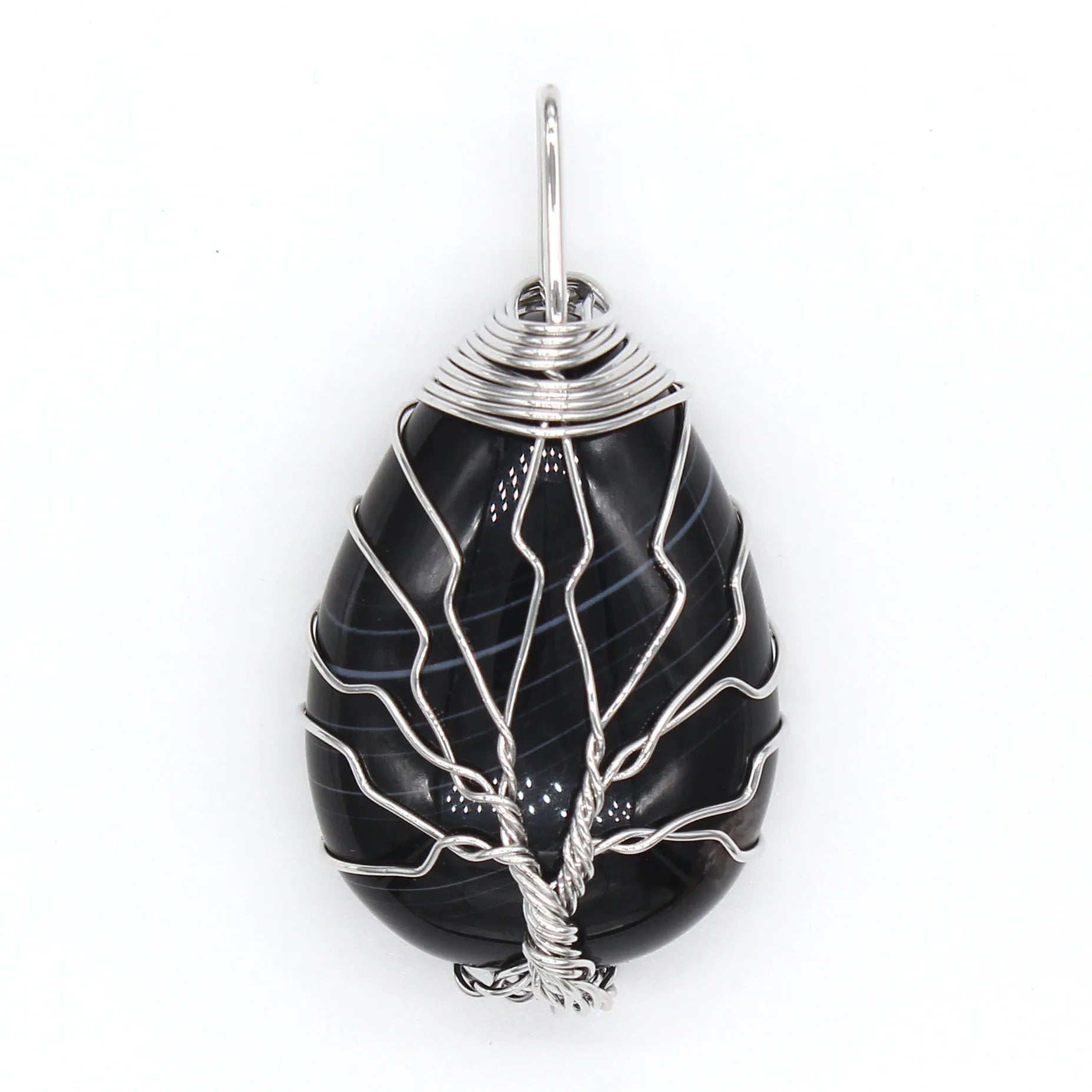 Diy Natural Stone Chakra Necklace Pendant Tree of Life Wire Wrapped Black agate Water Drop Shape for Women Men Jewelry Folk Crafts