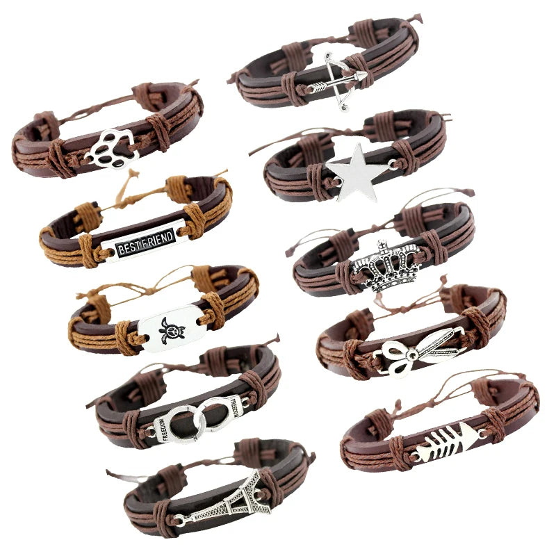 Policeman Fire Mom Wife Handcuff Dog Paw Fish Bone Scissors Sea Turtle Star Arrow Eiffel Tower Skull Crown Leather Bracelet