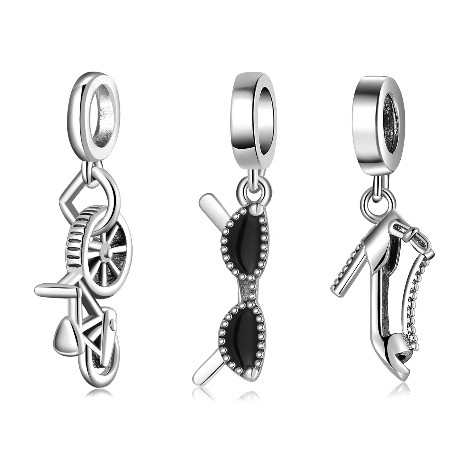 Real 925 Sterling Silver Travel Series Bicycle High Heel Glasses Beads Charms for Bracelet Making Design Original DIY Jewelry