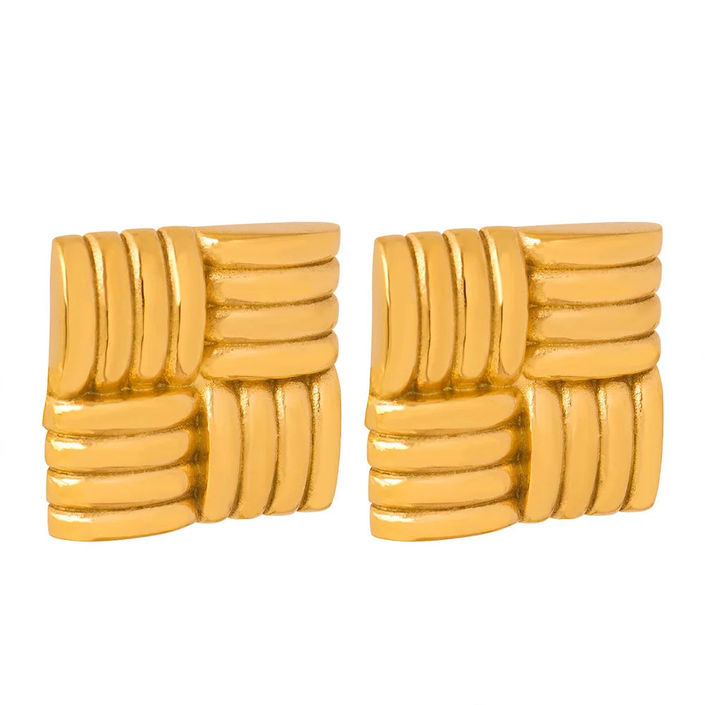 Chic Style Fashion Queen Mother Ornament Cross Woven Design Titanium Steel Gold Plated Square Earrings for Ladies Party Gift
